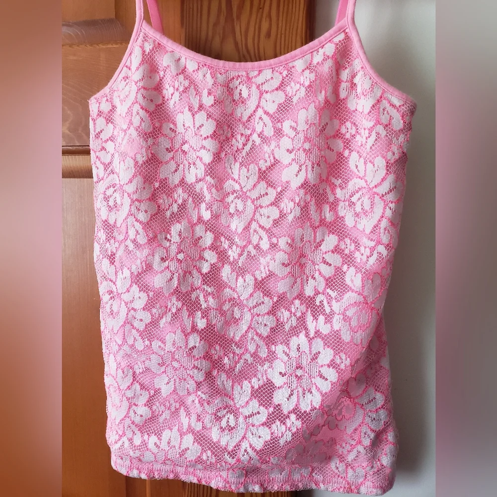 Nwot Justice Neon Pink Floral Lace Tank Top W Built In Bra 10 Girls